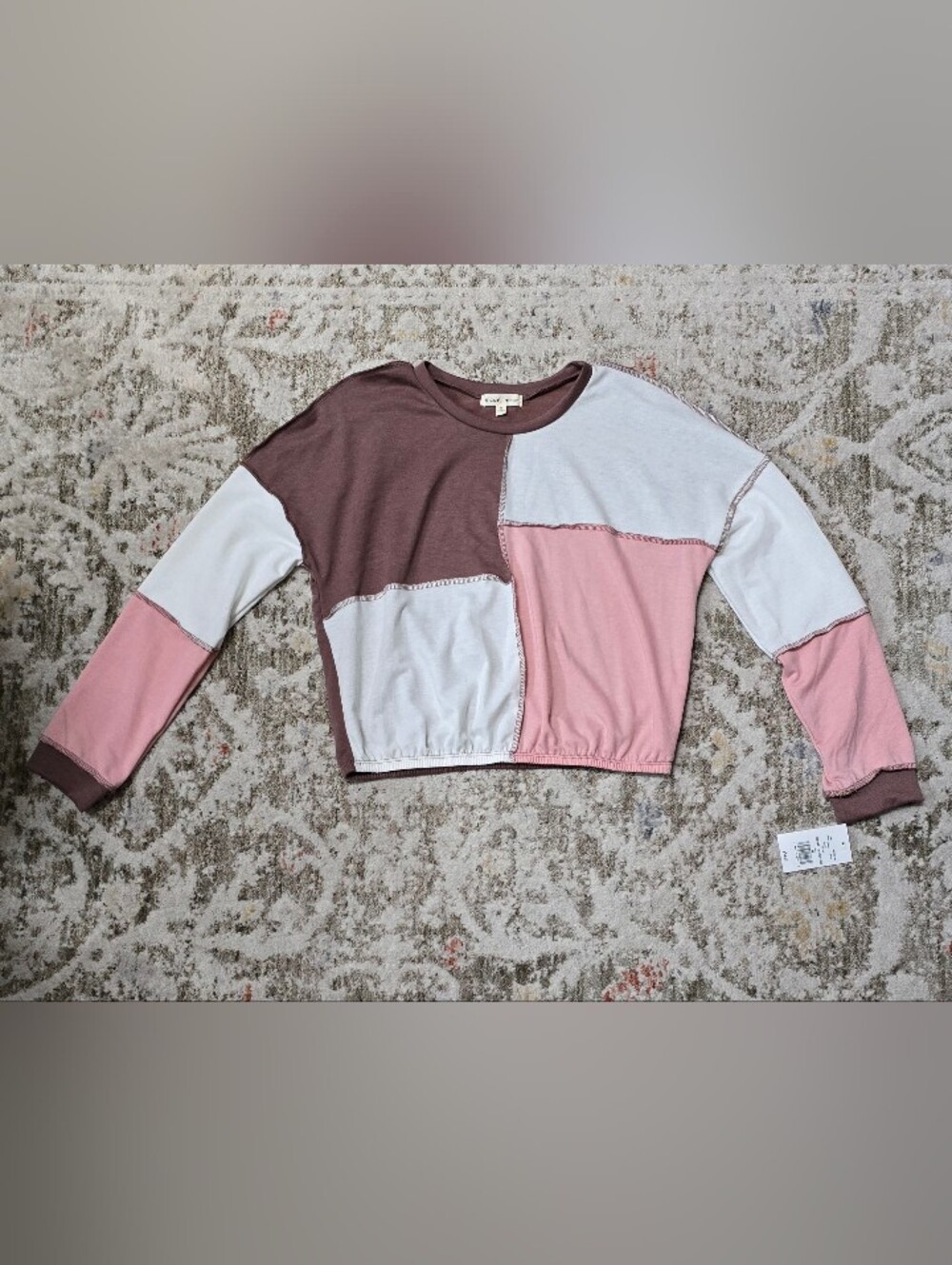 Moa Moa Dusty Rose and White Colorblock Crewneck Top-NWT